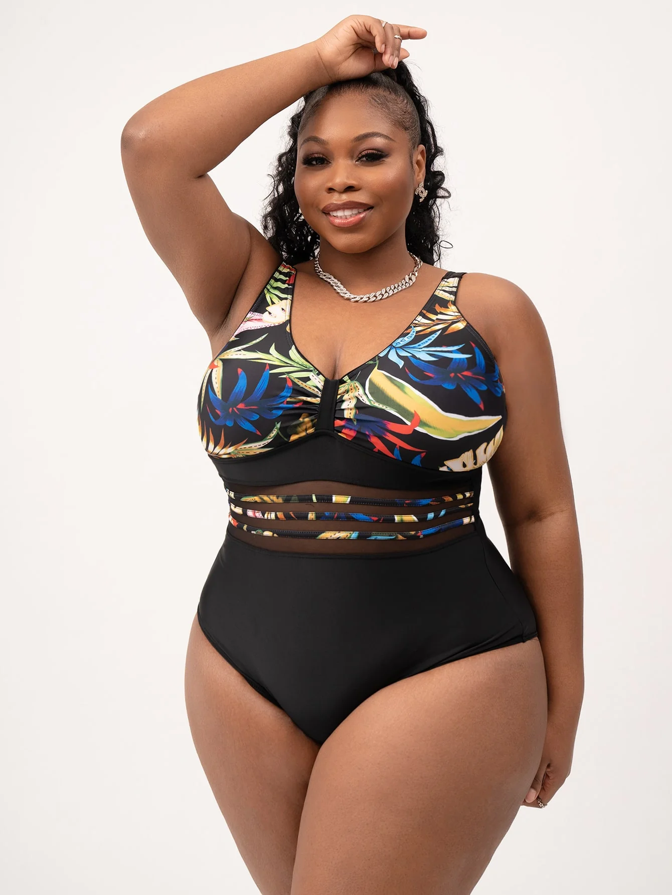 Plant Print Mesh One Piece Swimsuit